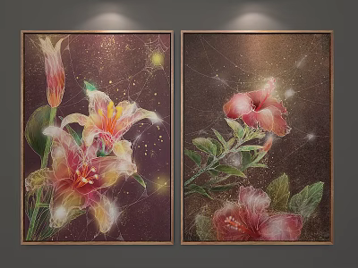 Vibrant Plant Paintings with Lilies Hibiscus Flowers Green Leaves and Golden Accents on Dark Background 3d model
