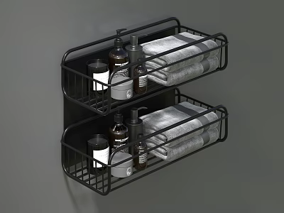 Black Two Tier Wall Mounted Bathroom Accessories Rack With Towels Toiletries Bottles And Cups 3d model