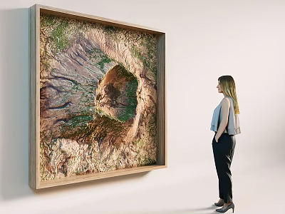 Large Natural Landscape Wall Decor In Wooden Frame With Woman Standing Nearby 3d model