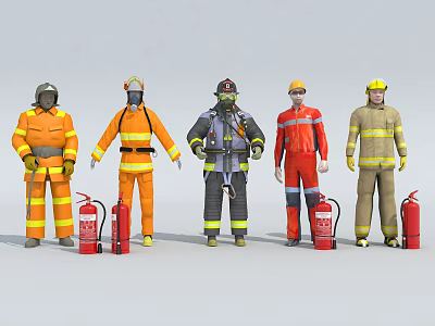 Group of Firefighters in Various Uniforms Standing with Red Fire Extinguishers 3d model