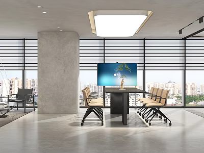 Modern Office Space With Conference Table Chairs Large Windows City View Monitor And Plant 3d model