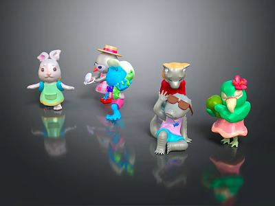 Five Colorful Stuffed Animal Dolls with Rabbit Dino Mouse Crocodile Parrot 3d model