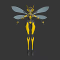Yellow Humanoid Insect Like Creature With Blue Wings And Mechanical Body Structure