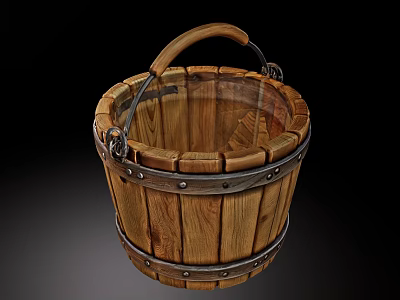 Wooden Bucket Decorative Ornament With Metal Hoops And Wooden Handle 3d model