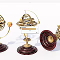 Decorative Ornament Set With Golden Metal Frame Dark Wooden Base And Spherical Structure