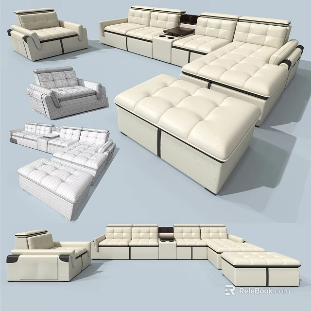 Modern Modular Sofa Set With Cream Leather Upholstery And Multiple Sectional Configurations 3d model