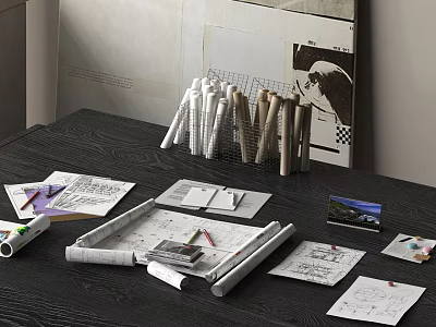 Creative Design Workspace With Design Drawings Rolled Papers Pencils Notebooks And Photo Cards 3d model
