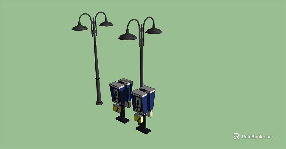 Outdoor Street Lights Design With Two Blue Parking Meters In Urban City Setting 3d model 