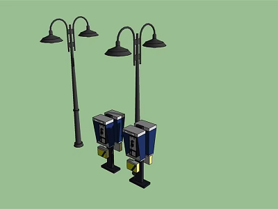 Outdoor Street Lights Design With Two Blue Parking Meters In Urban City Setting 3d model