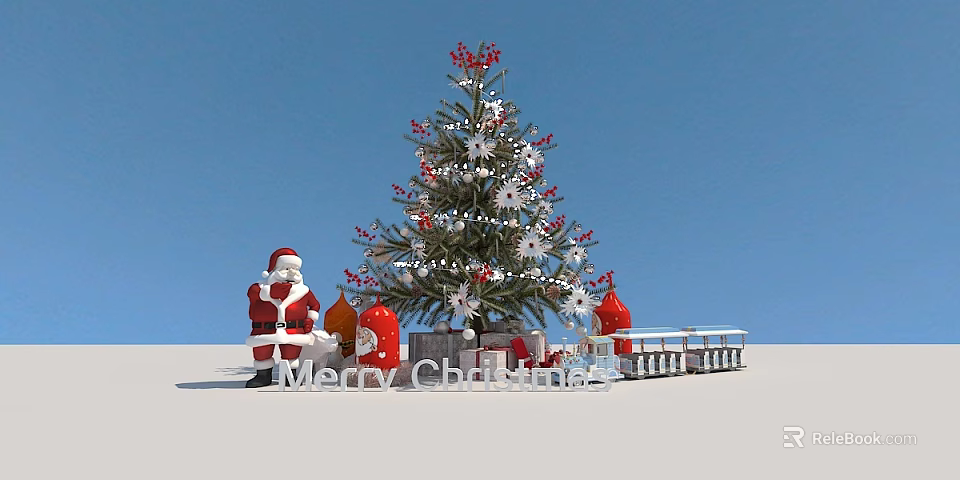 Festive Christmas Scene With Decorated Tree Santa Claus Gifts Red Berries And Snowflakes 3d model 