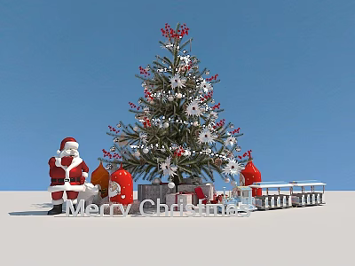 Festive Christmas Scene With Decorated Tree Santa Claus Gifts Red Berries And Snowflakes 3d model