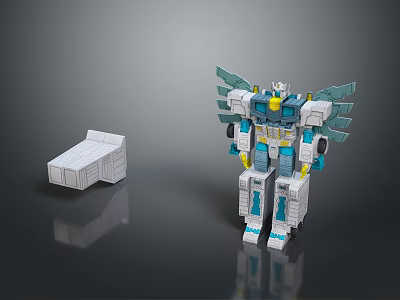 Blue and White Transformers Style Robot Action Figure with Wings and White Rectangular Box 3d model