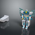 Blue and White Transformers Style Robot Action Figure with Wings and White Rectangular Box 3d model