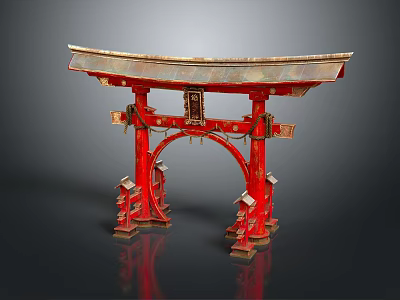 Traditional Red Japanese Torii Gate With Wooden Structure And Gold Accents 3d model