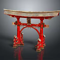 Traditional Red Japanese Torii Gate With Wooden Structure And Gold Accents