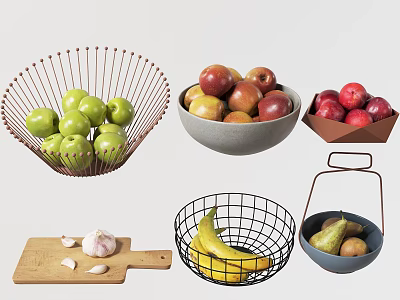 Colorful Fresh Fruits Green Apples Plums Bananas Pears in Wire Baskets Gray Bowls Paper Box 3d model
