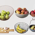Colorful Fresh Fruits Green Apples Plums Bananas Pears in Wire Baskets Gray Bowls Paper Box