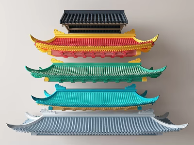 Traditional Chinese Ancient Architecture Colorful Roofs with Curved Eaves Design 3d model