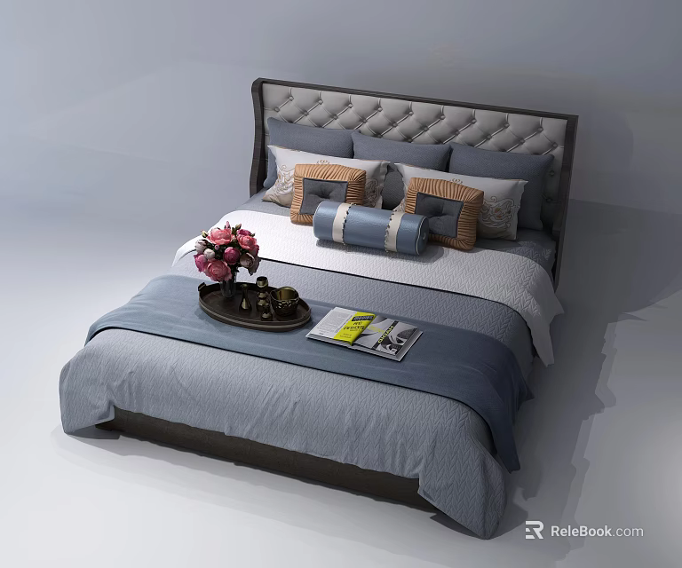 Double Bed with Tufted Gray Headboard Blue Gray Bedding Multiple Pillows and Tray with Flowers 3d model