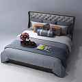 Double Bed with Tufted Gray Headboard Blue Gray Bedding Multiple Pillows and Tray with Flowers 3d model