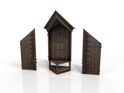 Wooden Scene Components with Gabled Top and Symmetrical Side Panels Textured Surface and Carved Details 3d model