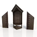 Wooden Scene Components with Gabled Top and Symmetrical Side Panels Textured Surface and Carved Details