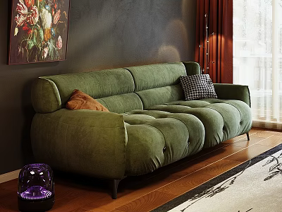 Green Velvet Three Seater Sofa With Decorative Pillows Dark Wall Wooden Floor And Floor Lamp 3d model