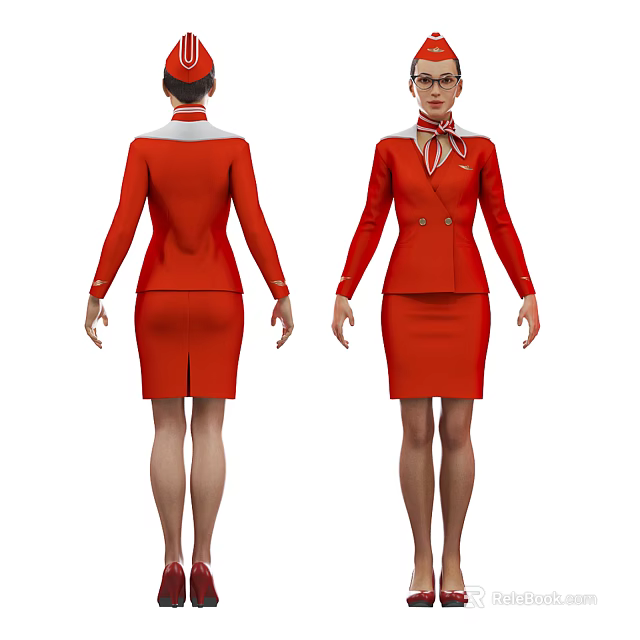 Woman Wearing Red Double Breasted Uniform With Skirt And Neck Scarf Front Back Views 3d model 