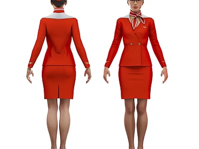 Woman Wearing Red Double Breasted Uniform With Skirt And Neck Scarf Front Back Views 3d model