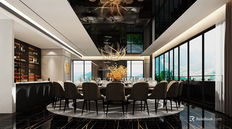 Elegant Modern Dining Room Interior With Round Table Beige Chairs Large Windows And Mountain View 3d model