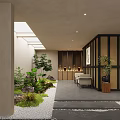 Modern Indoor Landscape With Skylight Wooden Slatted Partition Greenery Moss And Stone Pathway