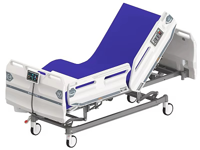 Electric Adjustable Hospital Medical Bed With Blue Mattress Control Panel And Wheels 3d model