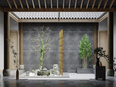 Traditional Chinese Garden Ornament with Withered Tree Bamboo Stone Lantern and Wooden Lattice in Courtyard 3d model