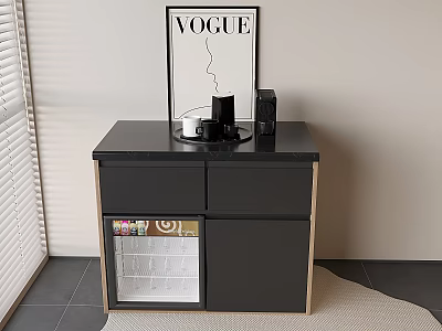 Modern Black Wine Cabinet with Glass Door and Wine Bottles on Countertop Near Vogue Poster 3d model