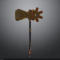 Golden And Red Decorative Axe With Gear Like Red Accents And Black Handle