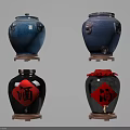 Traditional Blue and Black Ceramic Jars with Red Wine Fortune Characters Wooden Base and Faucet
