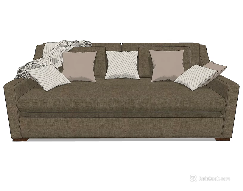 Brown Double Sofa With Multiple Beige Light Brown Pillows And Cozy Blanket 3d model