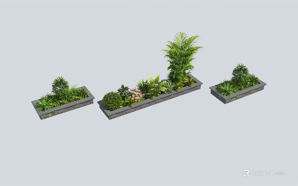 Decorative Garden Planters With Various Green Plants Colorful Flowers And Different Sizes 3d model 