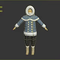Game Movie Character In Blue Coat With White Fur Collar Buttons Dark Pants Light Boots