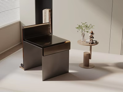 Modern Leisure Chair With Window Blinds Bookshelf Small Side Table And Green Plant Decor 3d model