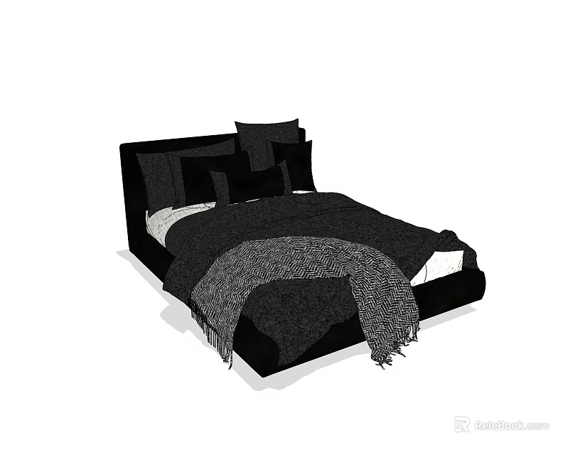 Black and White Double Bed With Multiple Pillows Soft Throw Blanket And Modern Headboard 3d model 