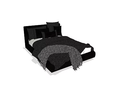 Black and White Double Bed With Multiple Pillows Soft Throw Blanket And Modern Headboard 3d model