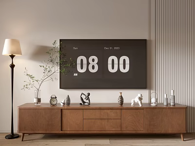 Modern Wooden TV Stand With Decorations Clock Vase And Floor Lamp By Striped Wall 3d model