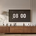 Modern Wooden TV Stand With Decorations Clock Vase And Floor Lamp By Striped Wall