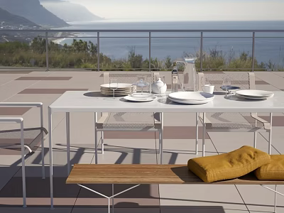 Dining Table Set with Metal Chairs Bench Yellow Cushions on White Terrace with Sea View 3d model
