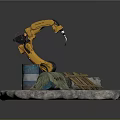 Yellow Robotic Arm Handling Wooden Plank Blue Barrel And Green Cloth On Stone Platform