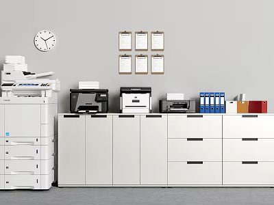 Office Appliances Including Multifunctional Printer Small Printers File Cabinets And Folders In Modern Office 3d model