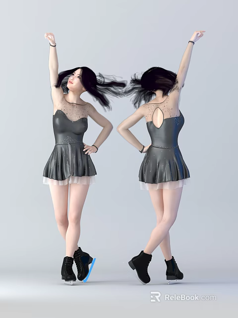 Stylish Woman In Black Lace Dress With Tulle Skirt Flowing Hair Posing 3d model 
