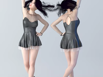 Stylish Woman In Black Lace Dress With Tulle Skirt Flowing Hair Posing 3d model