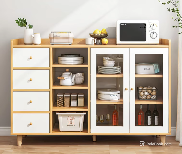 Modern Light Wood Sideboard with White Drawers Glass Doors Microwave Fruits and Dishes 3d model 